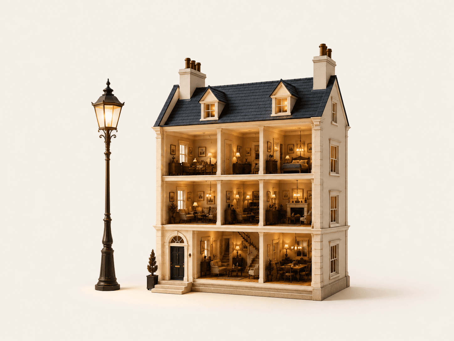 A Georgian dollhouse, warmly lit.